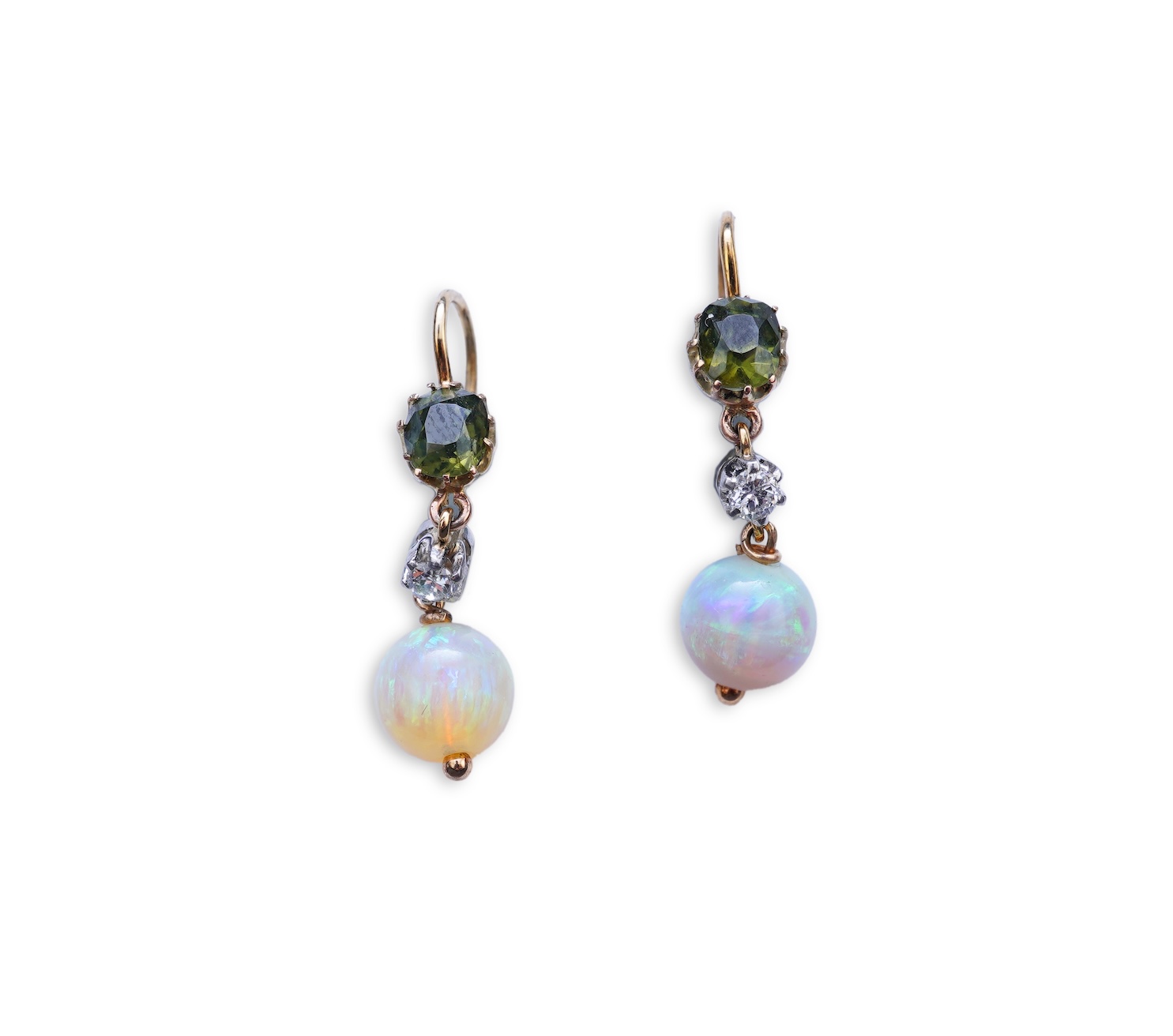 A pair of opal, green zircon and diamond earrings